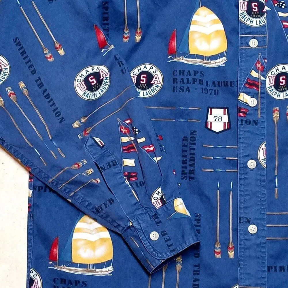 Vintage Chaps Ralph Lauren Sail Boat Yacht USA Flags Button Down Shirt Men Large